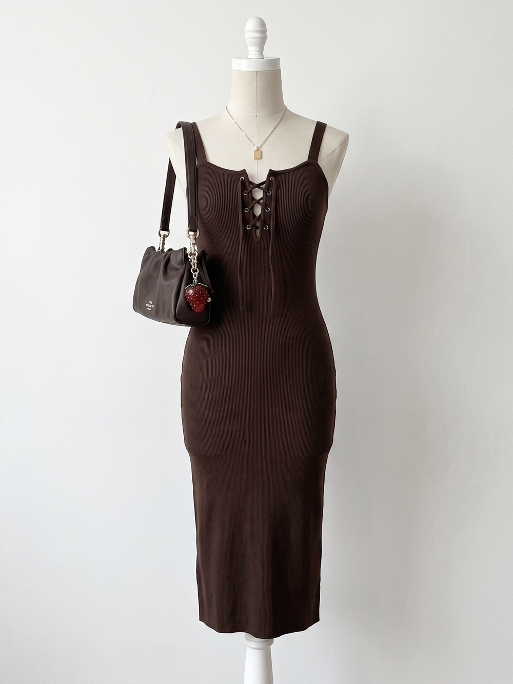 H&M Brown Sleeveless Lace-Up Ribbed Midi Dress